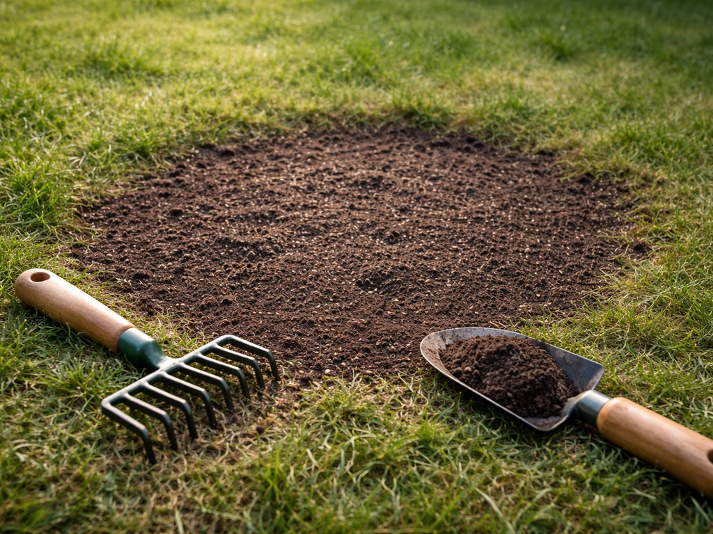 Zone de gazon abîmée en réparation : terreau et semences visibles, outil de jardin posé à côté, ambiance jardin.