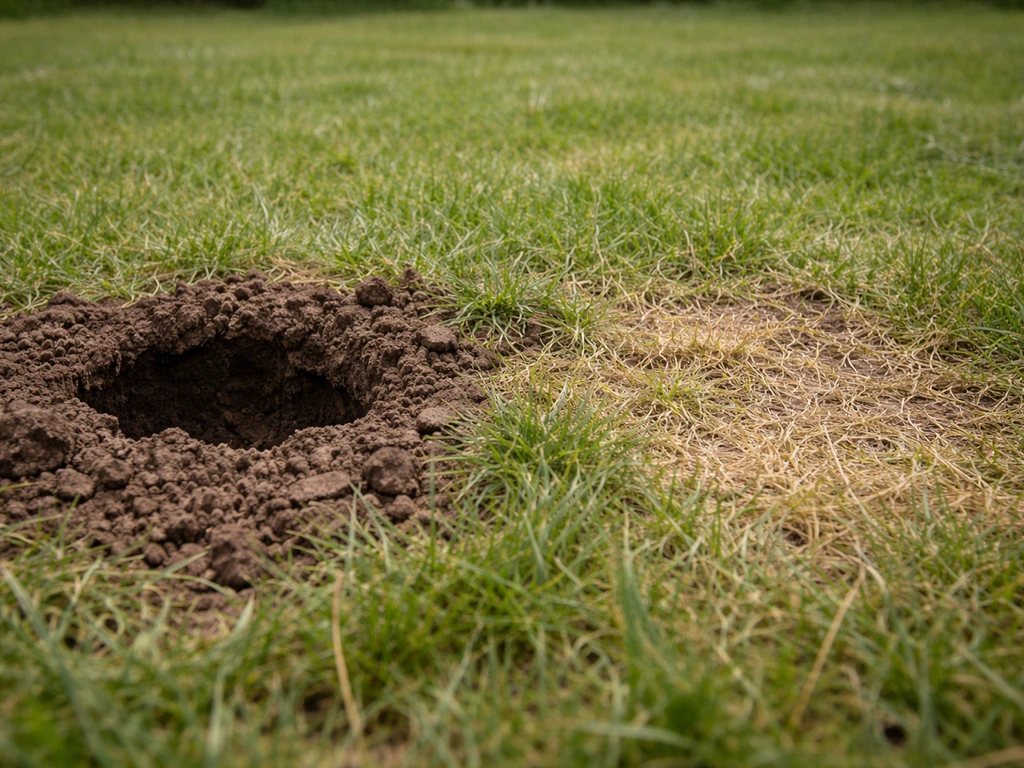 Pelouse de jardin abîmée : trou avec terre retournée et zone clairsemée aux brins jaunis.
