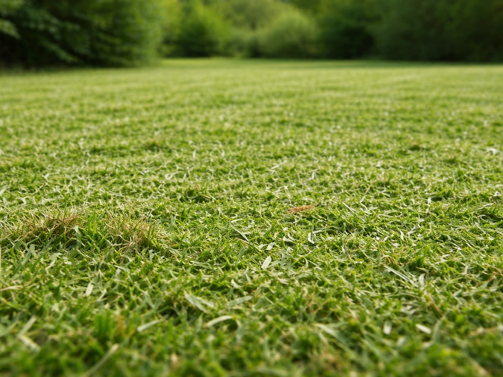 Pelouse fraîchement tondue avec brins d’herbe hachés au sol, montrant un mulching pour paillage ou compost.