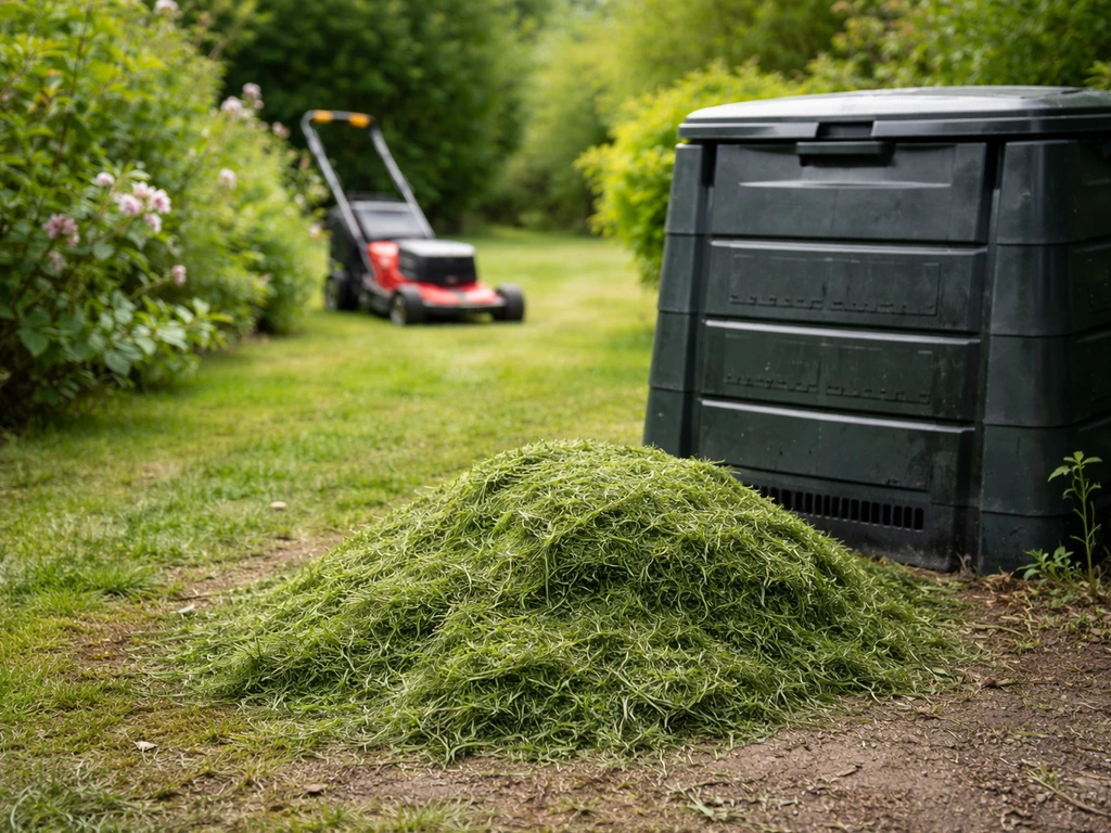 Tontes de gazon dans le jardin avec un bac de compostage, sans feu ni fumée.