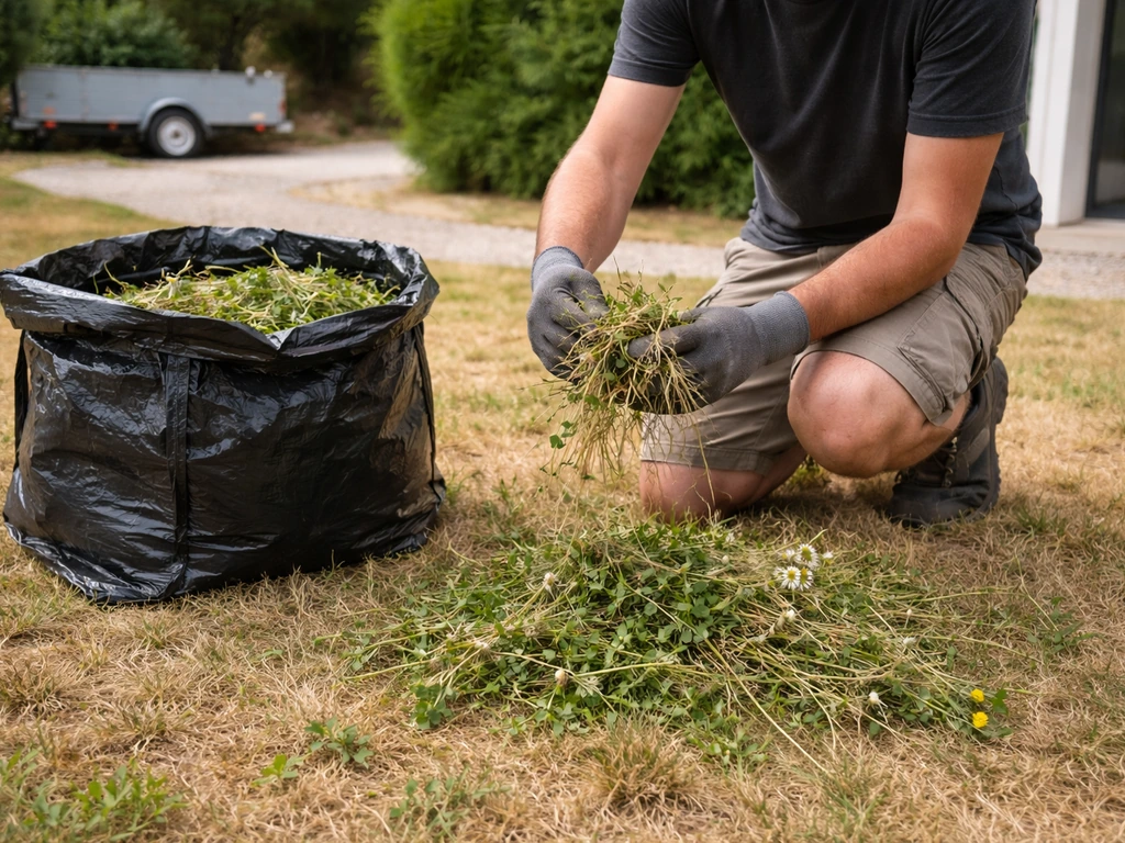 Herbe malade et mauvaises herbes arrachées mises dans un sac noir, près d’une remorque, dans un jardin.