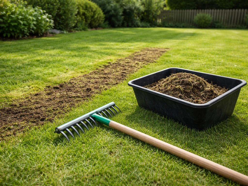 Pelouse verte fraîchement scarifiée, résidus récupérés au sol, outils de jardin posés, ambiance de jardin.
