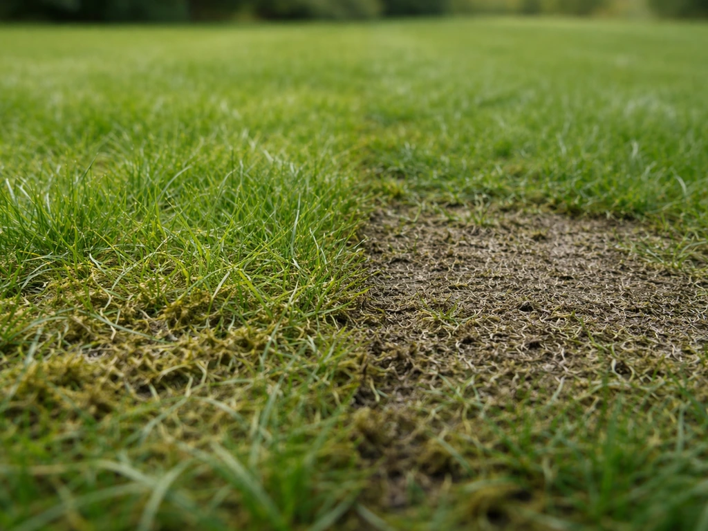 Pelouse avec deux zones distinctes montrant mousse/feutre près des brins : défeutrage léger vs croûte superficielle.