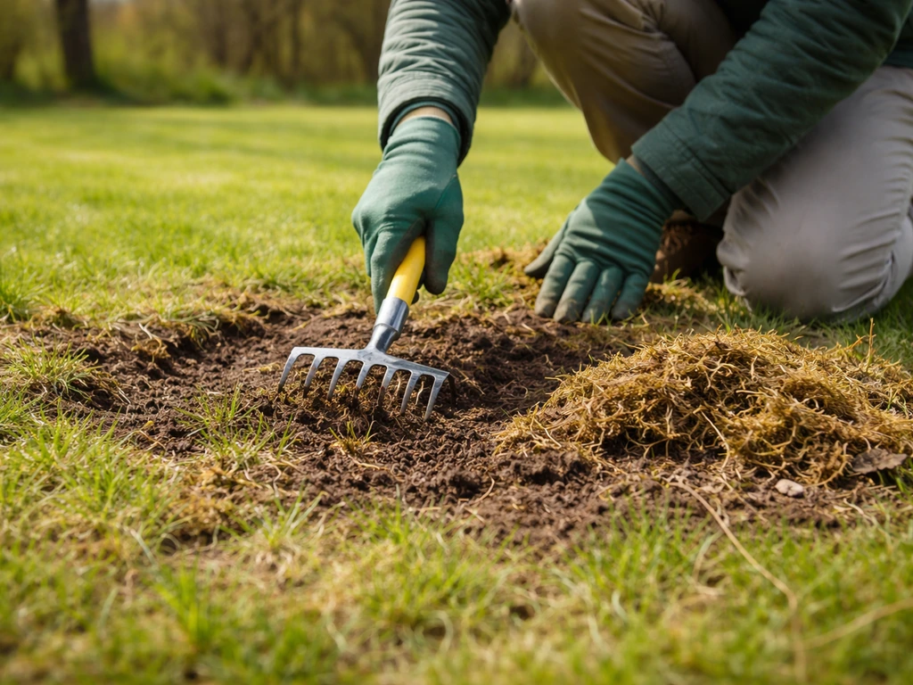 Pelouse de printemps scarifiée sur une zone abîmée, terre humide et herbe qui repart. Personne anonyme au jardin.