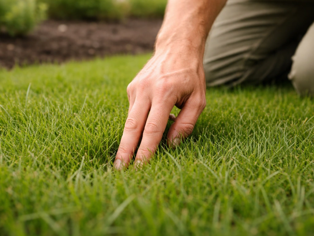 Jardinier anonyme enfonçant deux doigts près de la base de l’herbe pour tester l’épaisseur du feutre du gazon.
