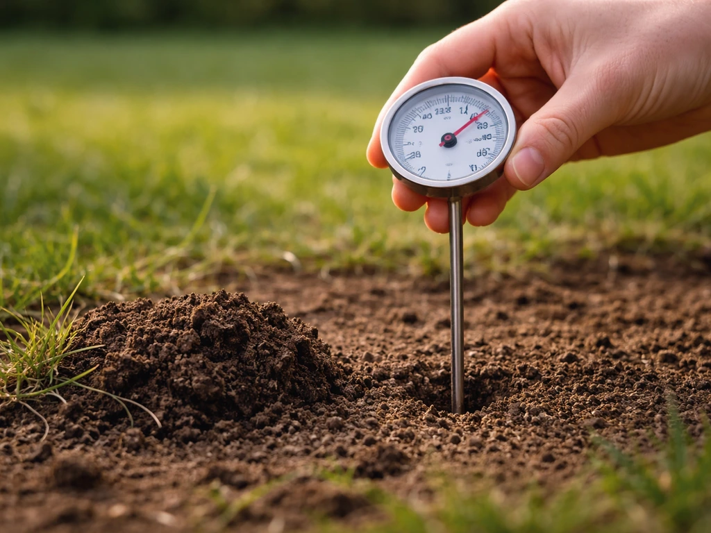 Jardinier tenant un thermomètre de sol près d’une motte humide, avant une scarification.
