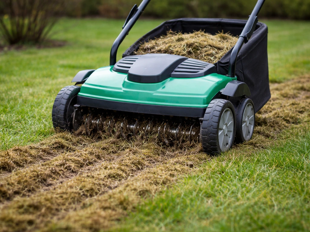 Scarificateur tracté en action, lames qui pénètrent le feutre et déchets rassemblés sur une pelouse de printemps.