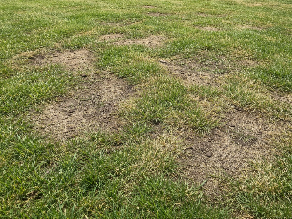 Gazon clairsemé et abîmé avec zones dénudées, prêt pour regarnissage et semis.