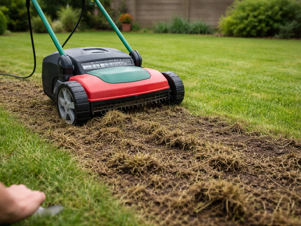 Un jardinier scarifie un gazon : feutre sombre et mottes apparaissent après le passage du scarificateur.