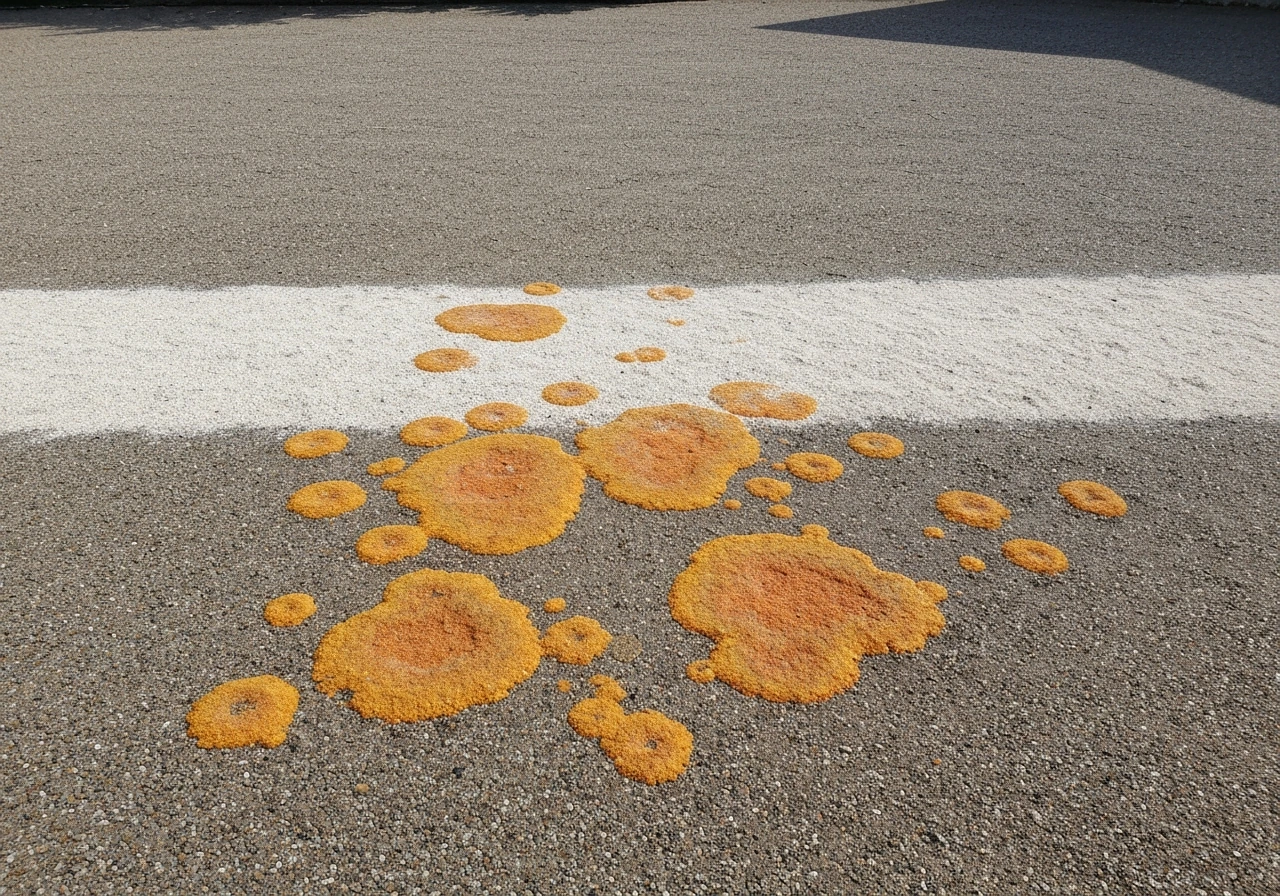 Gazon avec plaques orangées poudreuses de rouille, zone plus verte et saine à l’arrière-plan.