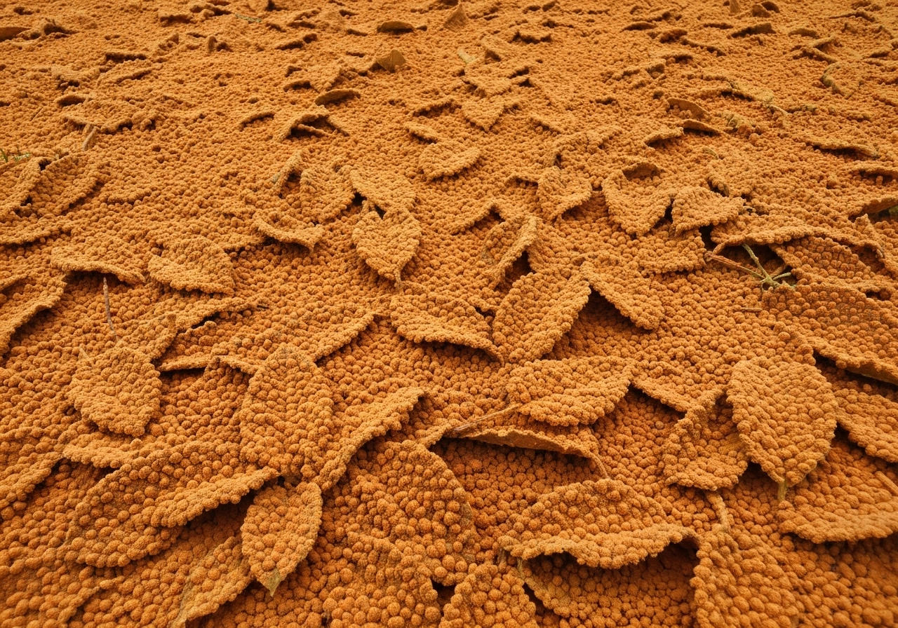 Gros plan sur des brins d’herbe présentant des pustules poudreuses orangées, typiques de la rouille.