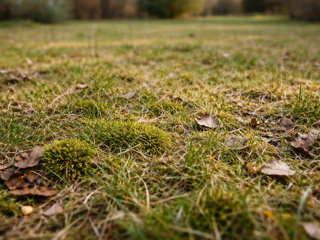 Gros plan d’une pelouse de printemps : herbe jaunie, mousse et feutrage/sol compacté visibles au ras du sol.