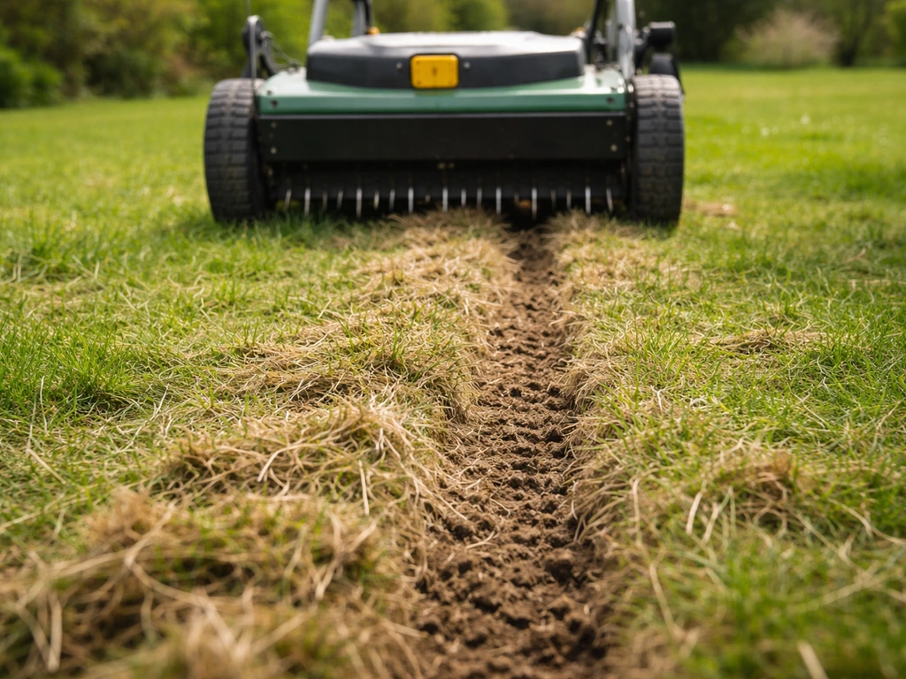 Scarificateur tracté sur une pelouse, rainures superficielles révélant le feutre arraché.