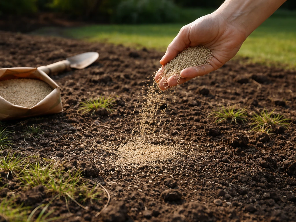 Main épandant des graines de gazon sur une zone grattée, terreau fin en arrière-plan dans un jardin.