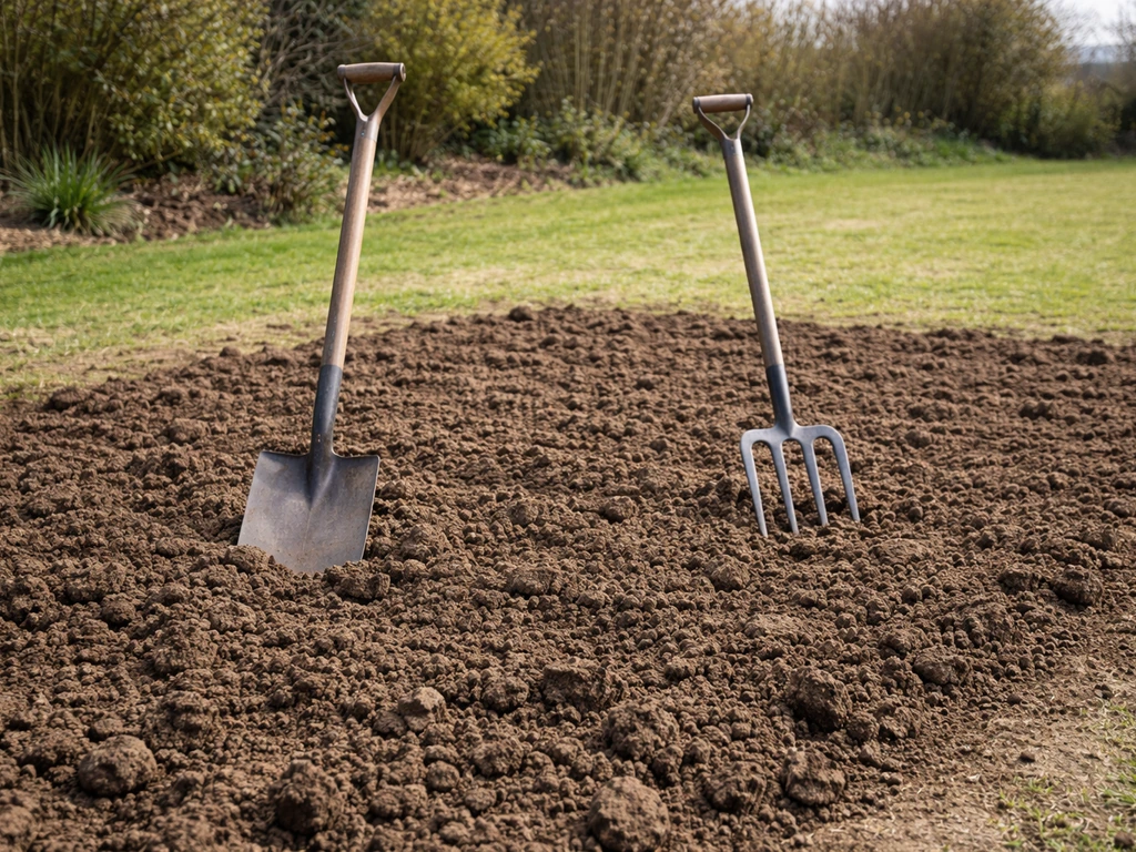 Jardin au sol fraîchement retourné, bêche et fourche-bêche posées, terre ameublie prête pour accueillir un gazon.