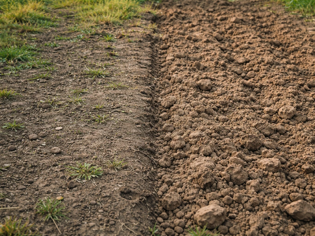 Comparaison avant/après d’un sol de jardin : terre non travaillée vs terre partiellement retournée.