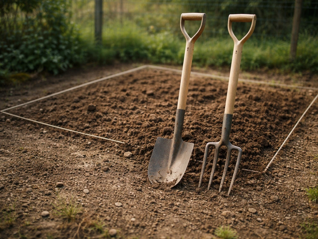 Bêche et fourche-bêche posées dans un petit potager, avec un repère discret de surface au sol.
