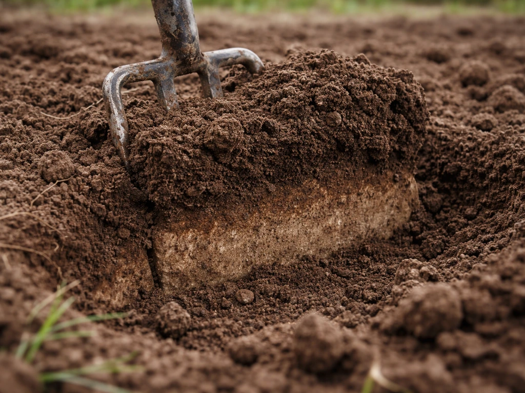 Gros plan sur une bêche qui retourne la terre, montrant une profondeur d’environ 15–20 cm.