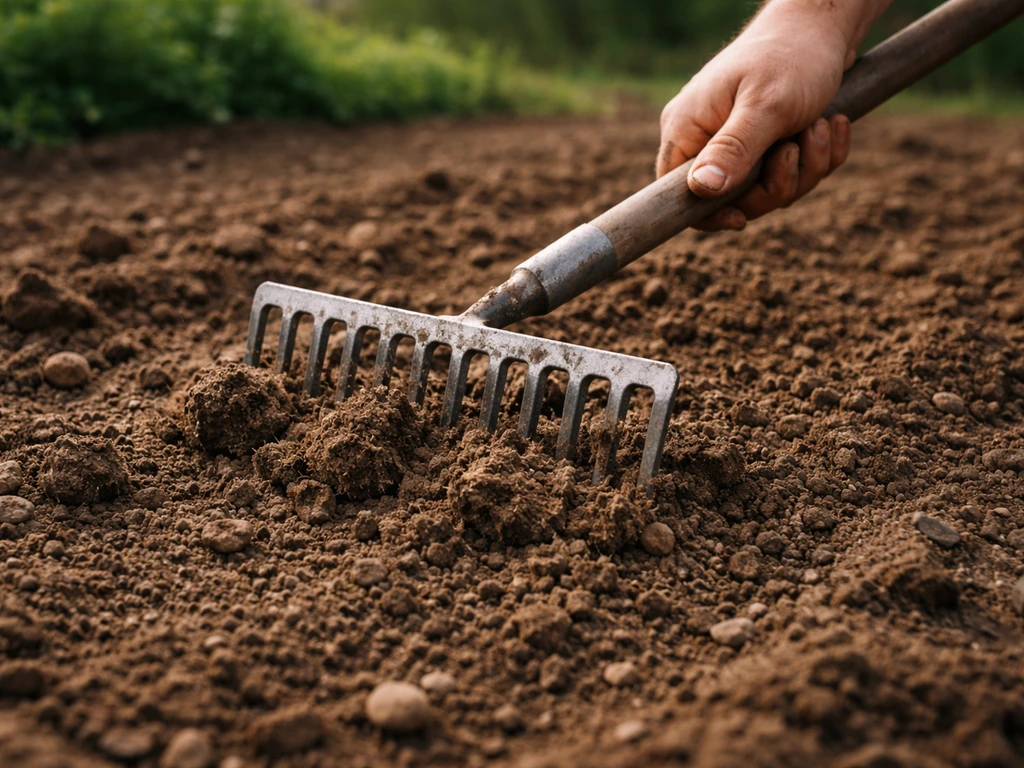 Un râteau casse de grosses mottes dans un sol de potager pour obtenir un lit de semences plus fin.