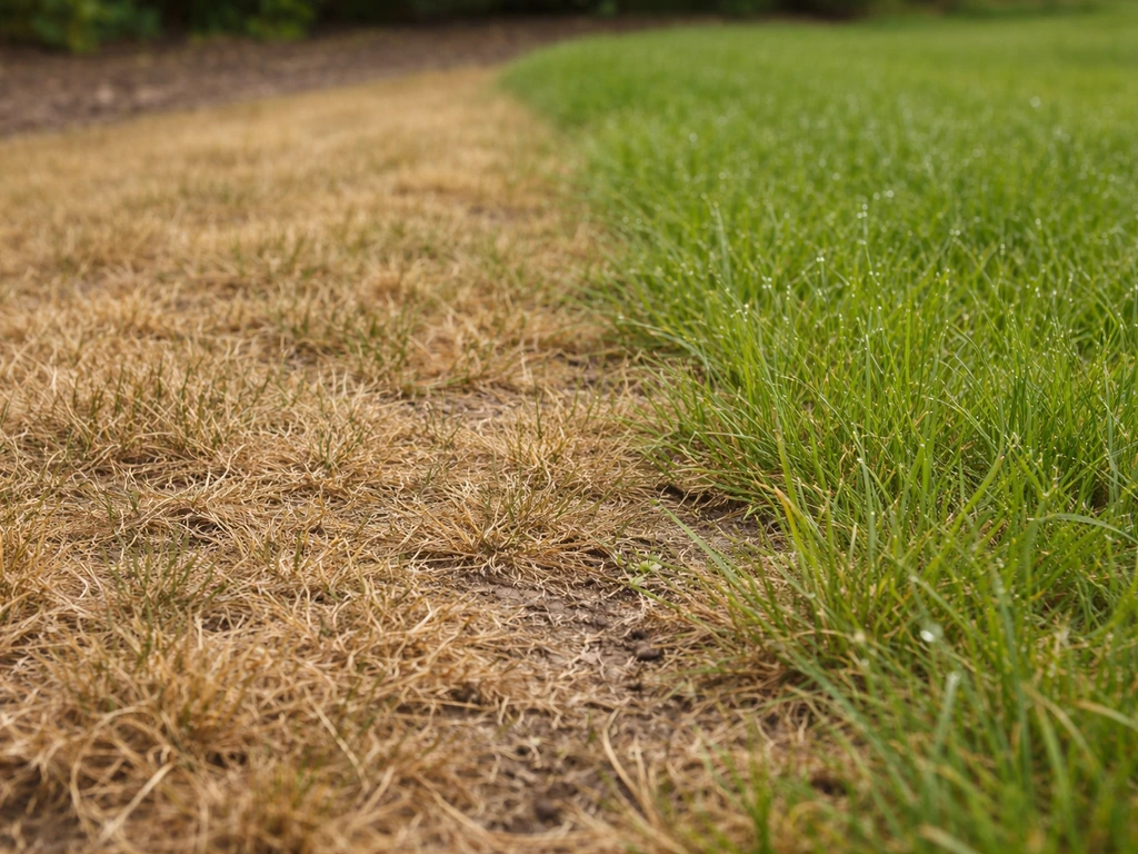 Gros plan d’une pelouse brune et sèche, avec une zone qui reverdit grâce à l’arrosage.