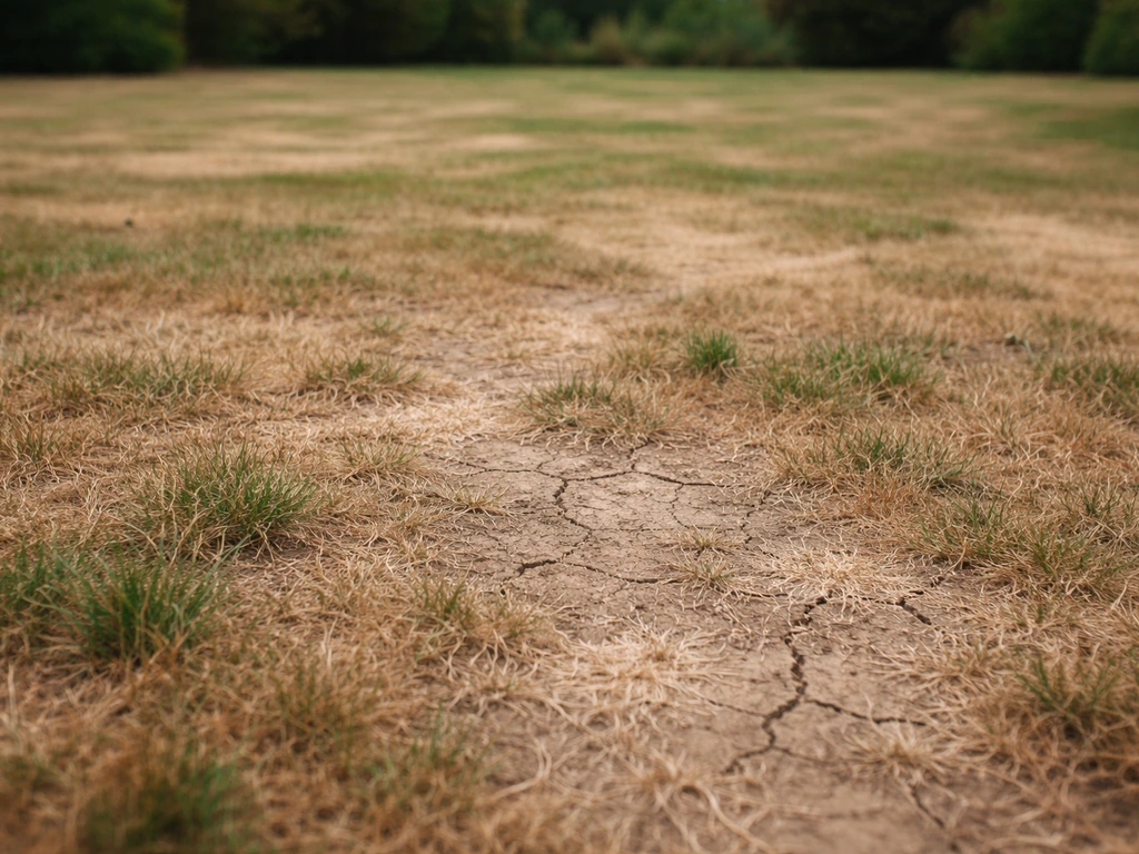 Pelouse brunie et irrégulière, sol craquelé et quelques touffes encore vertes, au jardin