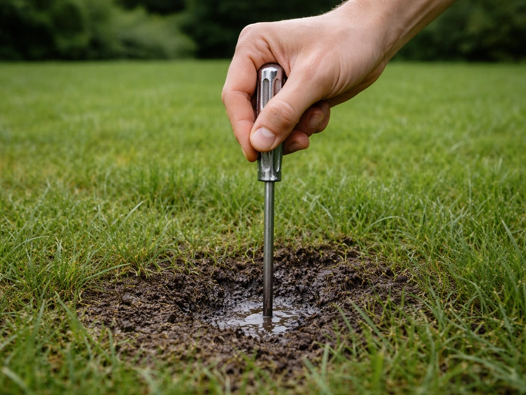 Main enfonçant un tournevis dans une terre humide pour tester l’humidité à 10-15 cm.
