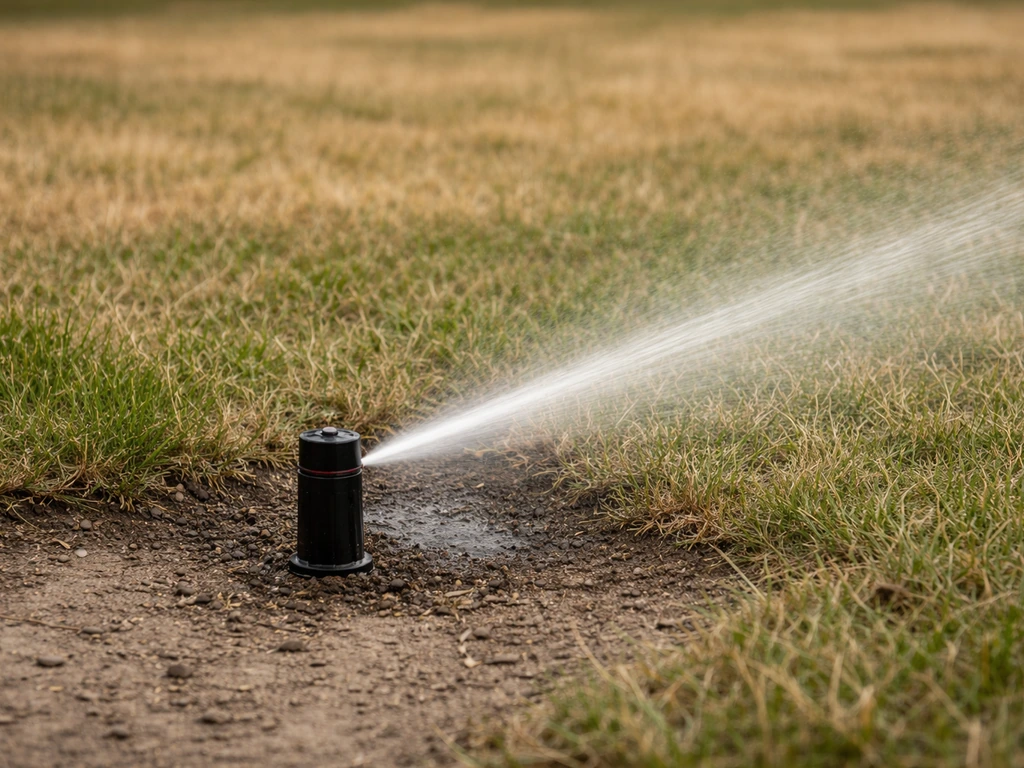 Arroseur de jardin au sol arrosant une pelouse sèche, l’eau pénètre dans le sol sans ruisseler