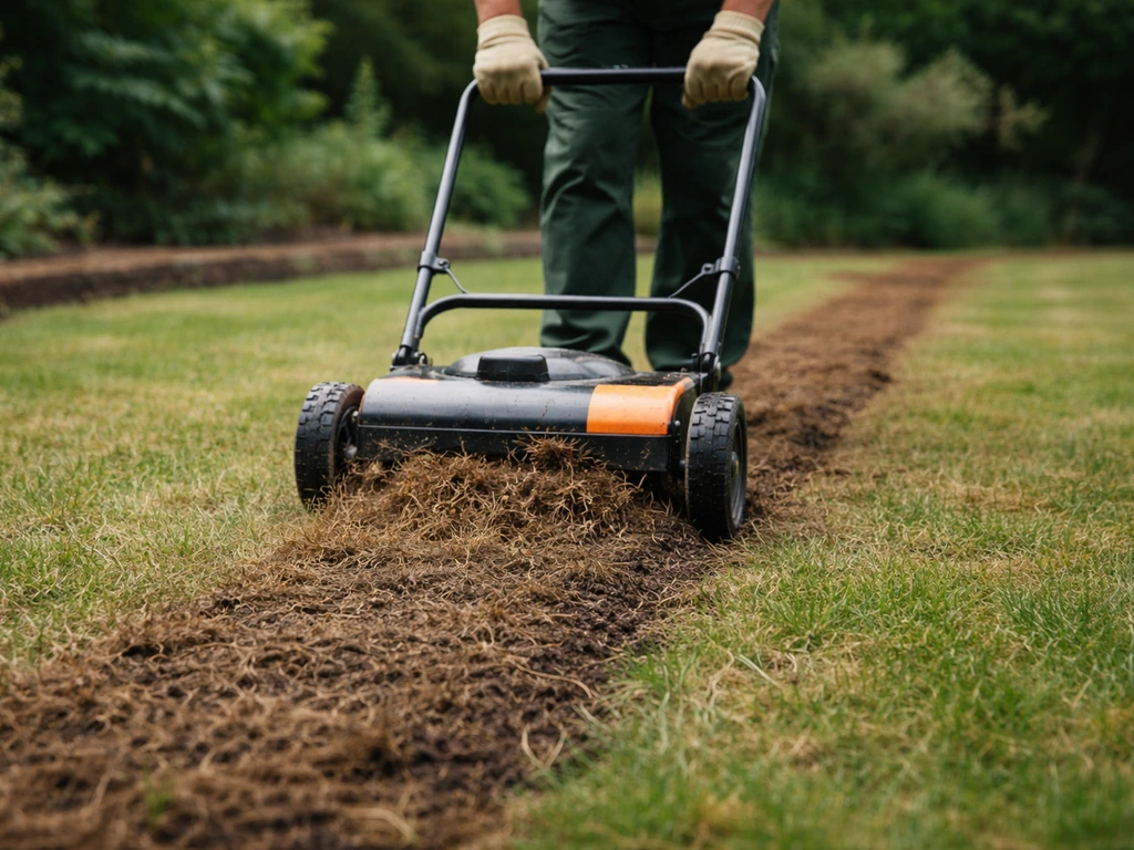 Jardinier au ras du sol utilisant un scarificateur sur une pelouse, terre aérée et feutre visible