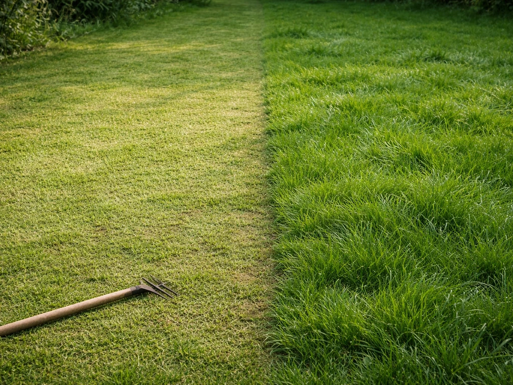 Pelouse fraîchement tondue et ramassée, sol bien préparé pour recevoir la rénovation, avant/après naturel.