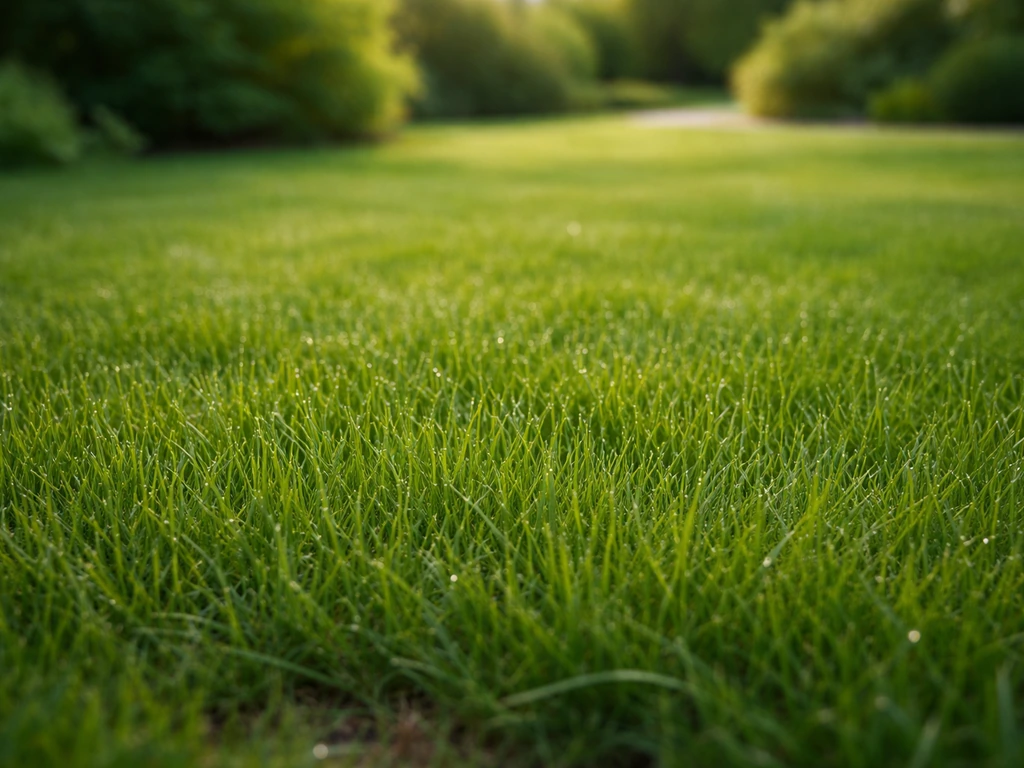 Pelouse verte dense fraîchement entretenue, brins réguliers, hauteur de coupe 6–7 cm, vue proche au jardin