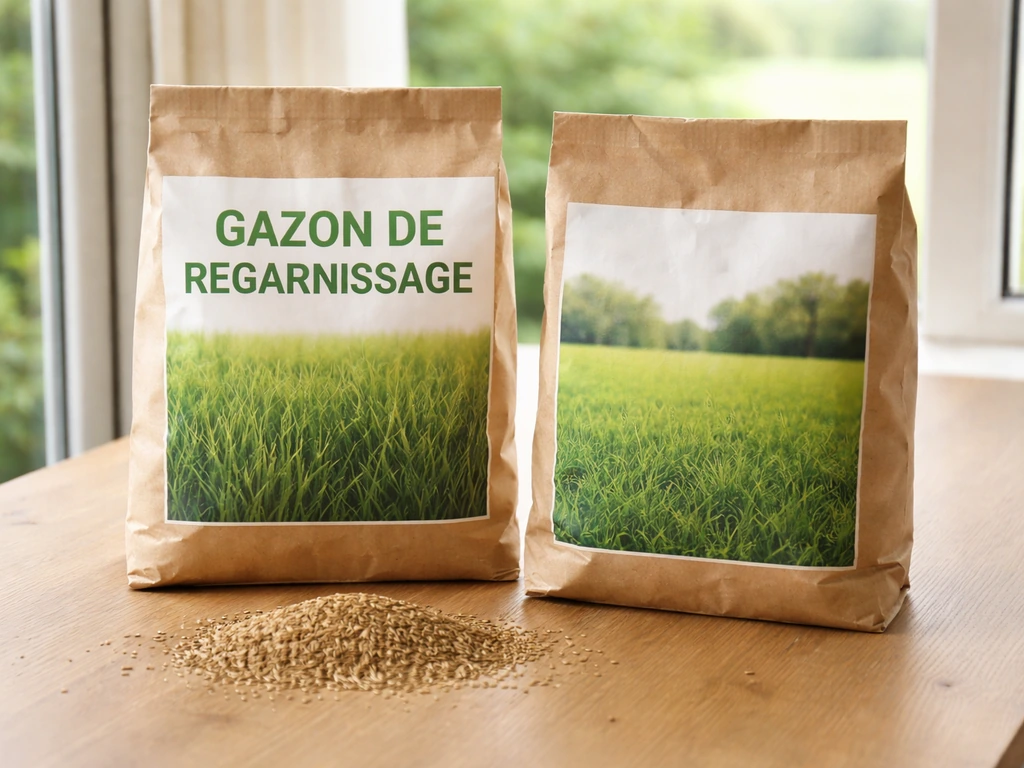 Deux sacs de graines de gazon sur une table, avec une étiquette “gazon de regarnissage” visible.