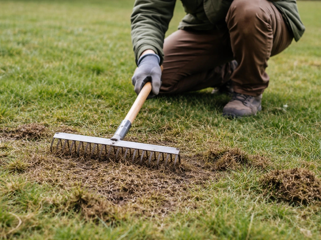 Râteau à dents métallique utilisé pour scarifier légèrement une pelouse et casser le feutrage en surface.