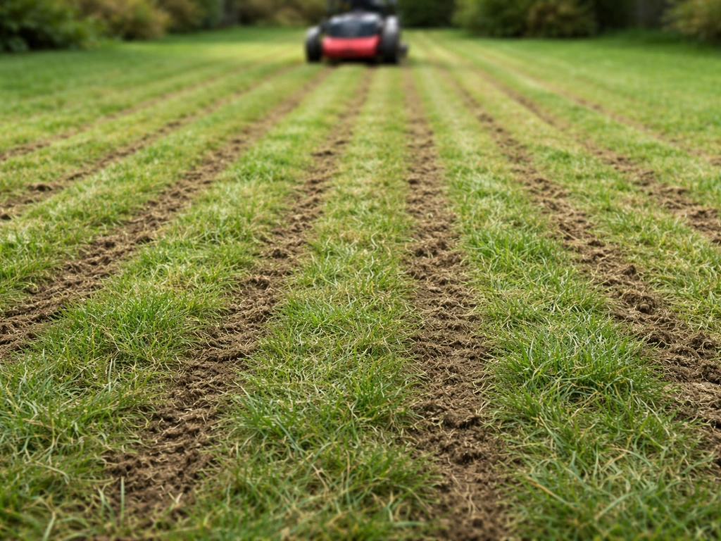 Vue au sol de stries de scarification régulières, herbe non arrachée, profondeur visible et sol marqué.