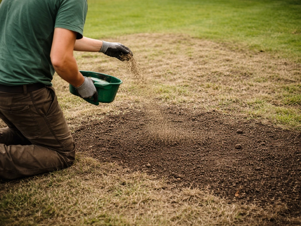 Après scarification, un jardinier arrose légèrement et sème du gazon sur des zones clairsemées, près du sol.