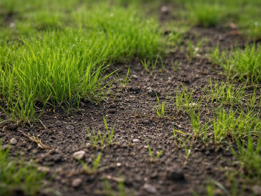Gazon jeune clairsemé : zones denses et clairières dues à un arrosage irrégulier et à la concurrence des plantules