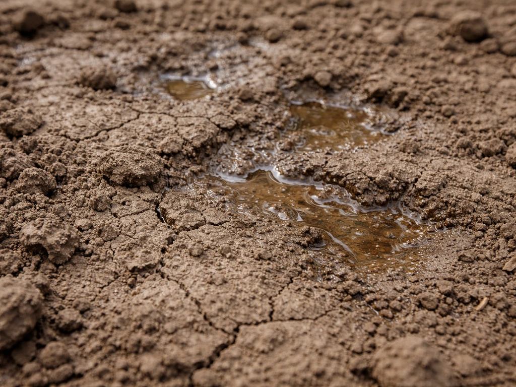 Gros plan sur un sol compact avec mottes et croûte, empreintes légères et aspect qui bloque l’infiltration.