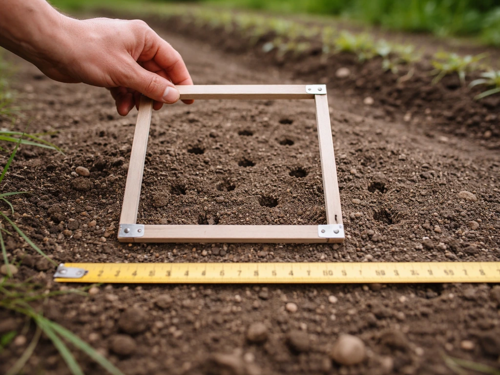 Jardin potager : pied-mètre et petit quadrat sur une zone au sol avec trous, pour évaluer la répartition.