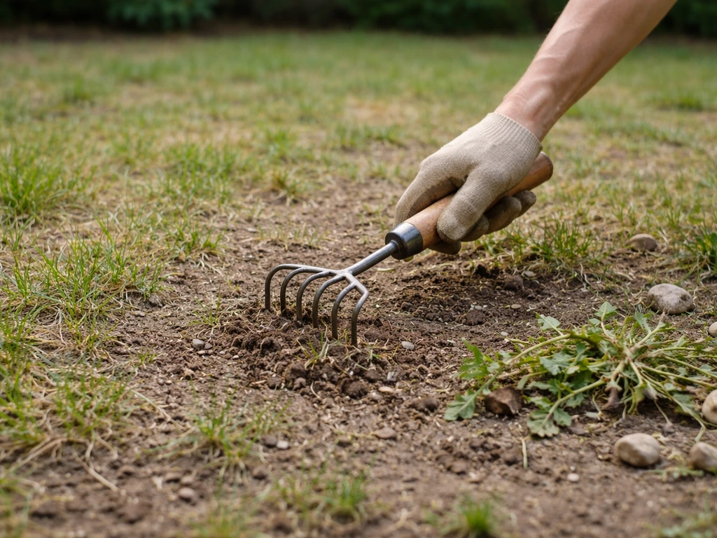 Jardinier en train de griffer et nettoyer une bande de pelouse clairsemée, avant regarnissage.