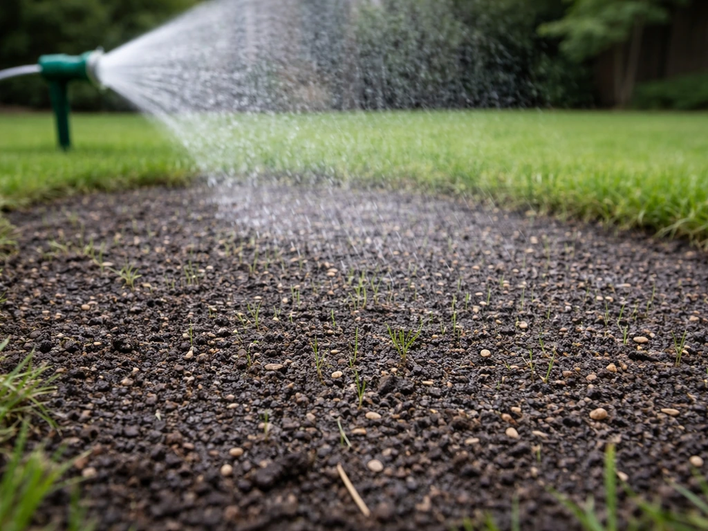 Arroseur en pluie fine sur une bande de gazon fraîchement regarnie, terreau humide en surface.