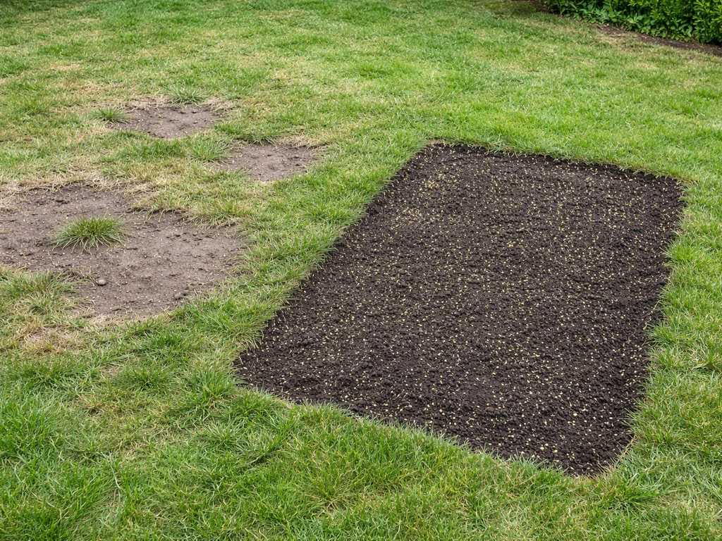 Pelouse abîmée avec plaques de terre nue, et zone en réparation avec semis et terreau.