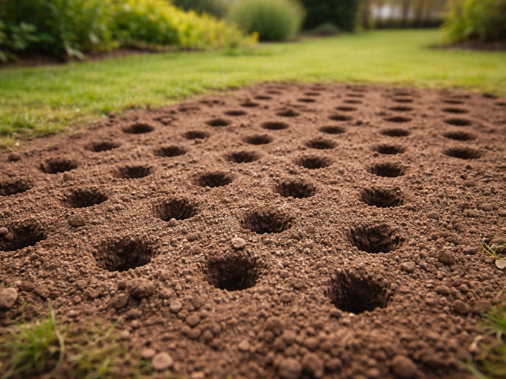Sol perforé par carottage, trous réguliers de 7 à 10 cm avant regarnissage.