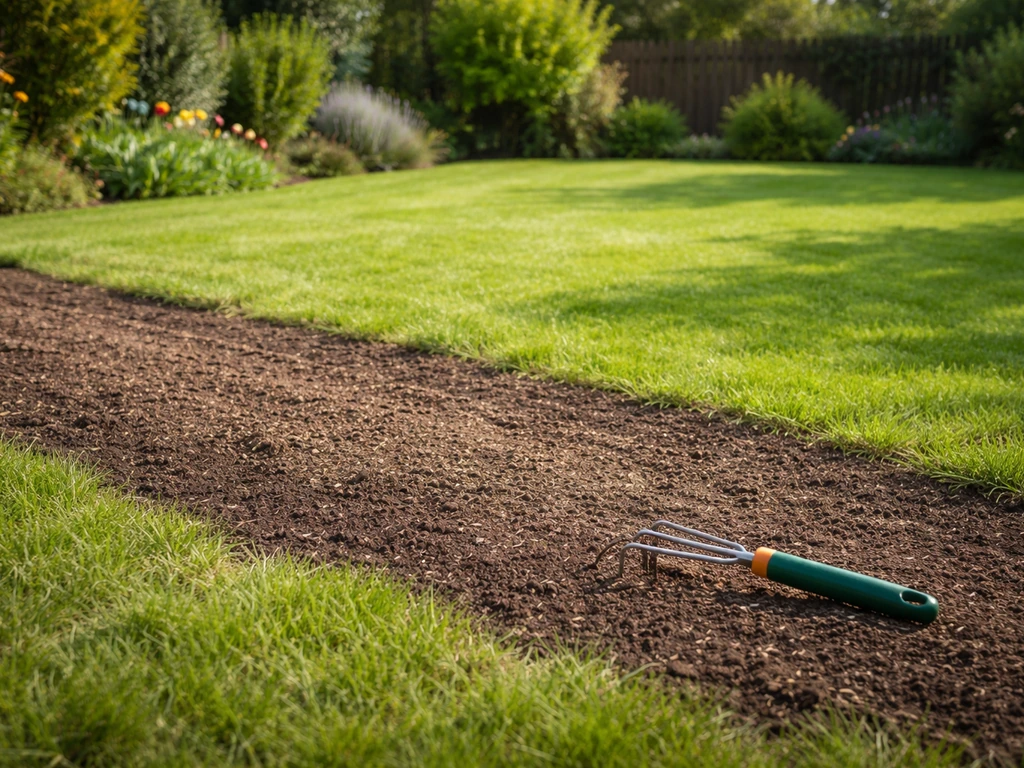 Pelouse de printemps en rénovation avec zone regarnie et griffe/scarificateur au bord, sans personne.
