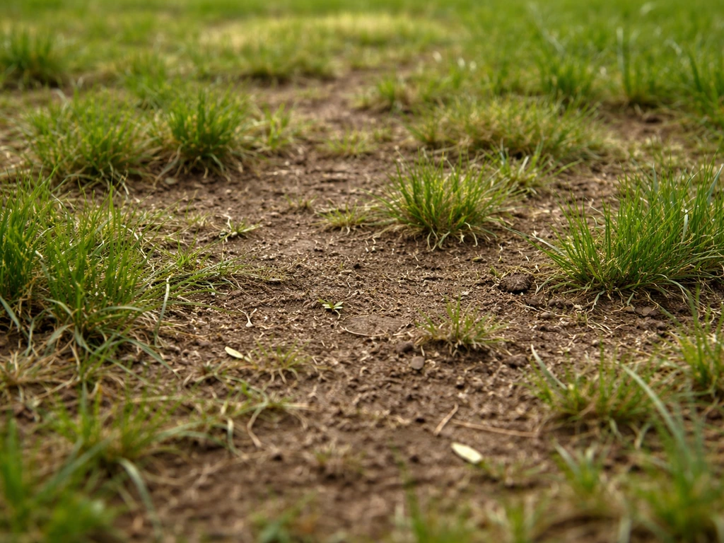 Gros plan d’une pelouse au printemps montrant une zone clairsemée avec sol visible, avant réparation.