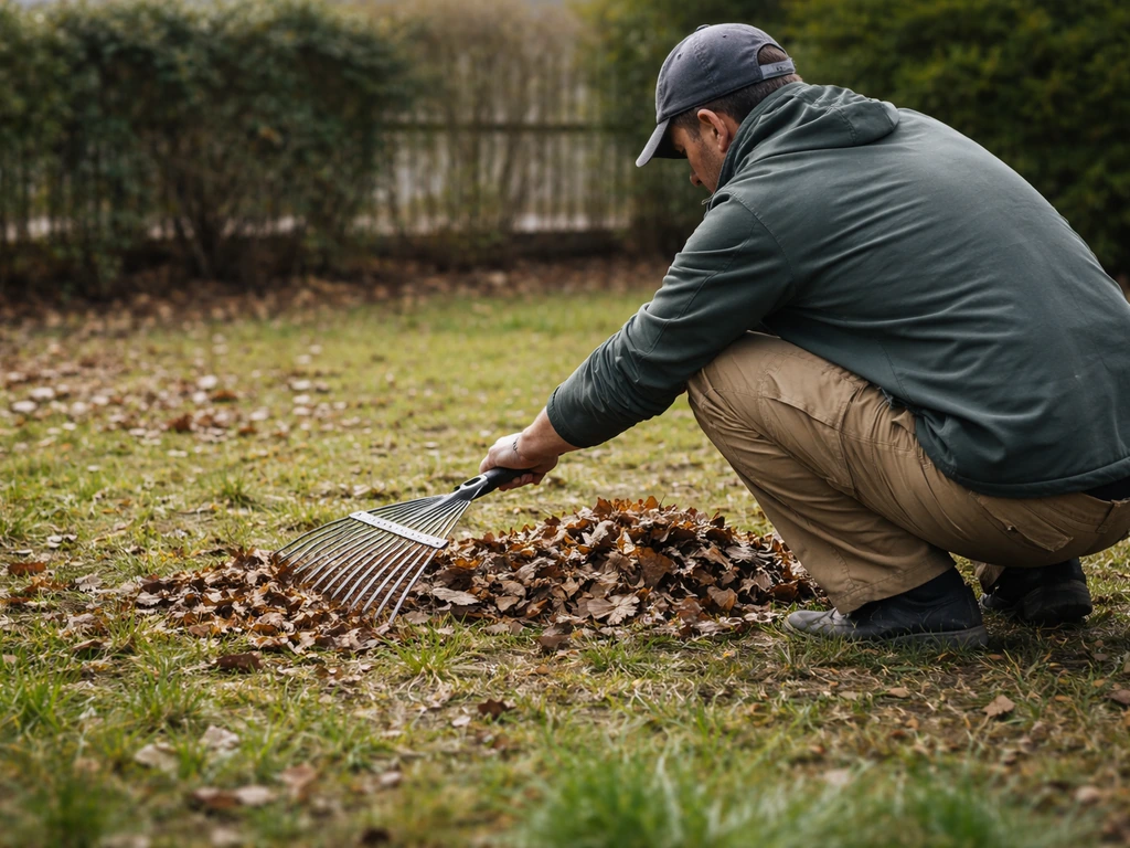 Un jardinier ratisse des feuilles mortes sur une pelouse avant de préparer le terrain au printemps.