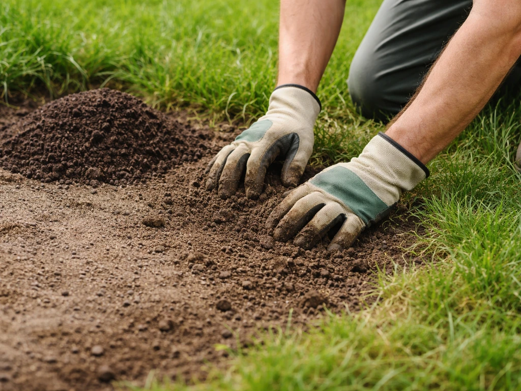 Mains gantées qui grattent le sol sur 2–3 cm et déposent du terreau pour regarnir une zone dénudée.