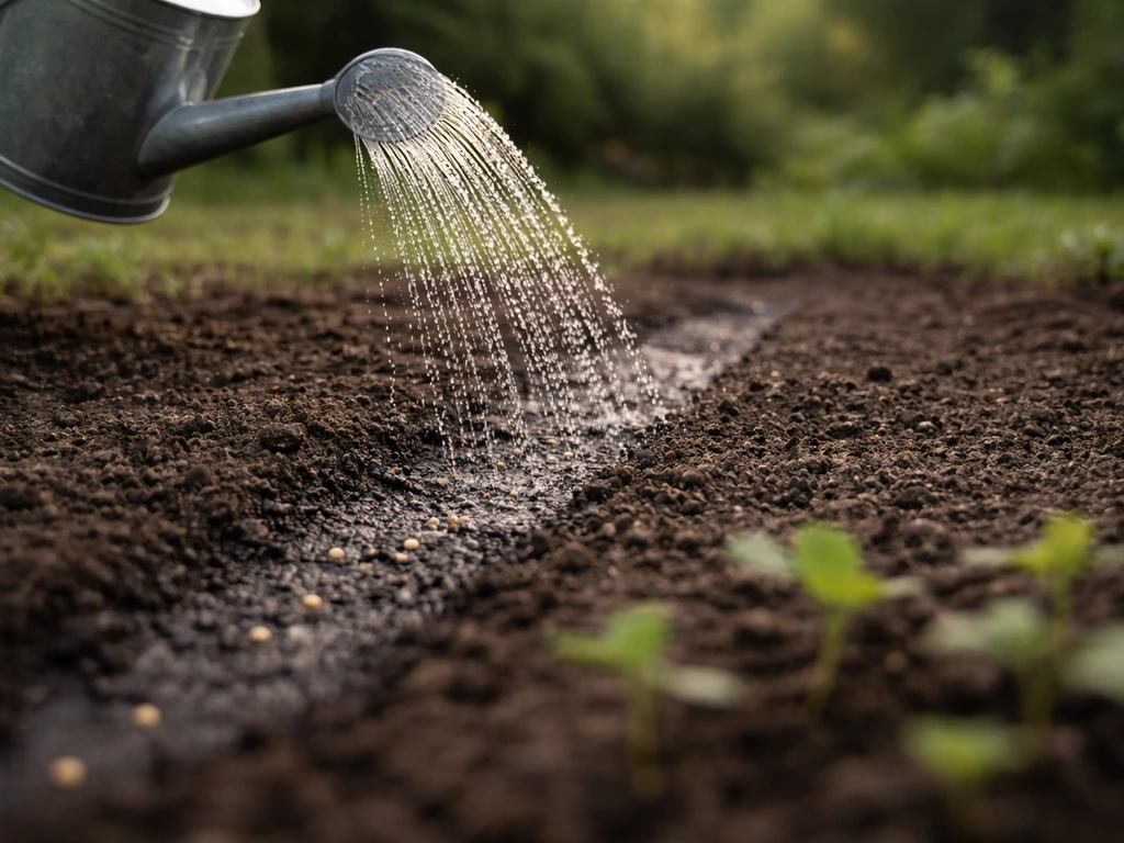 Petit arrosage en bruine sur une zone fraîchement semée, sol noir humide, arrière-plan jardin sobre.