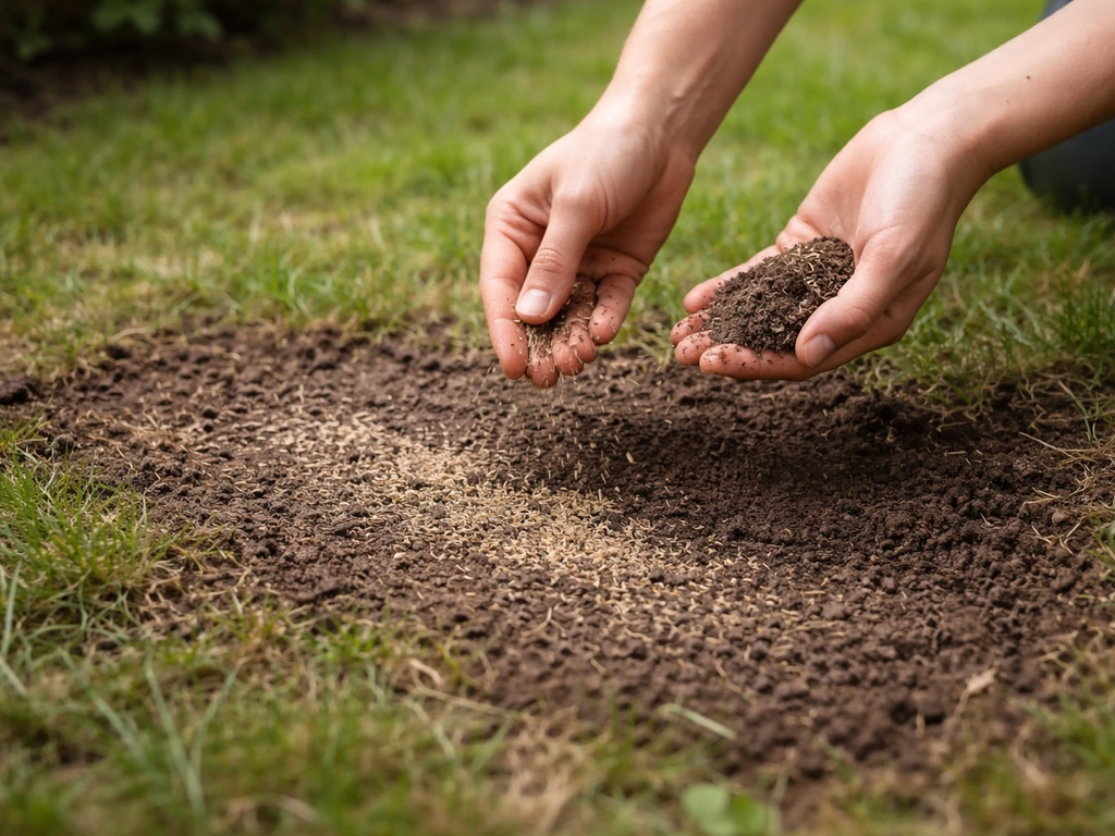 Mains distribuant des graines de gazon sur une pelouse dégarnie, recouvrement très léger du sol.