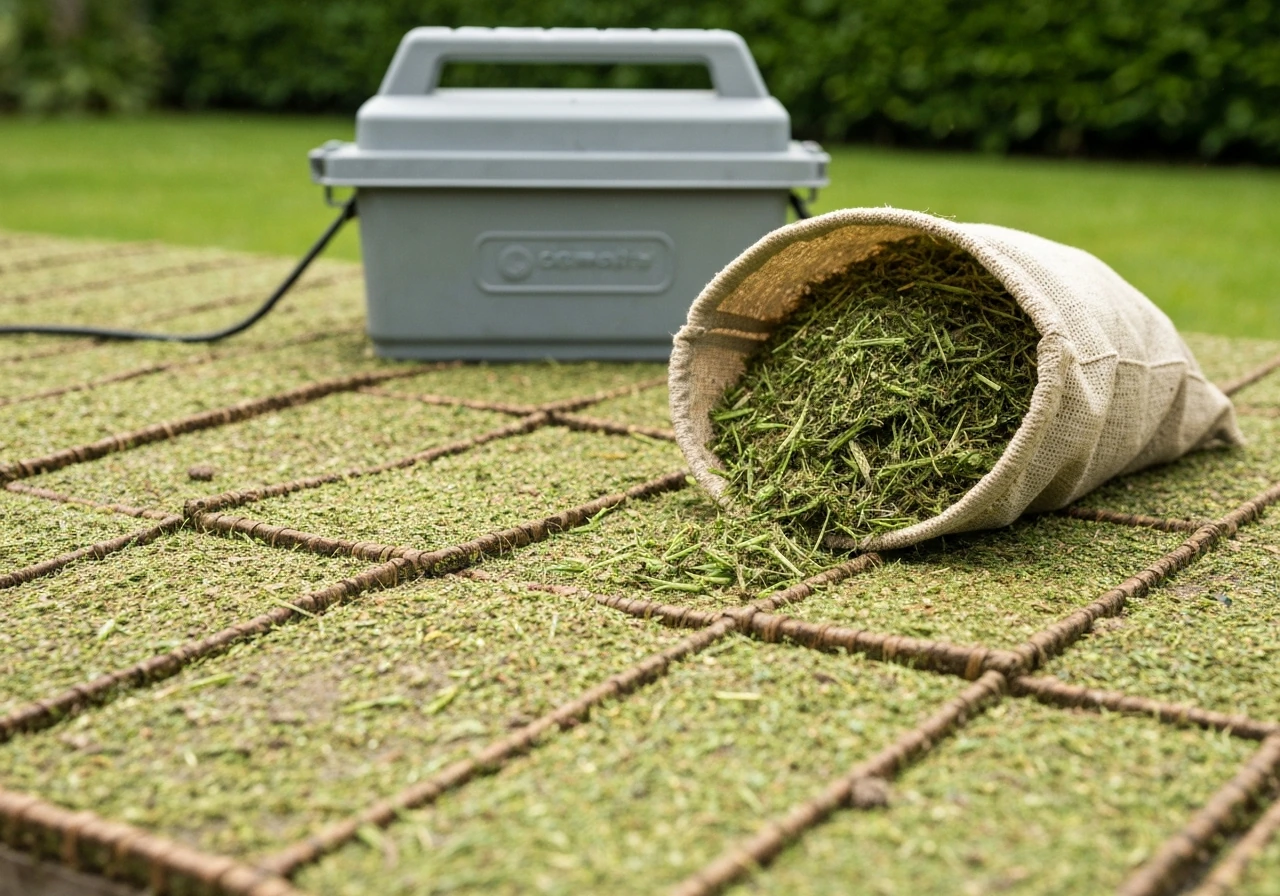 Pelouse fraîchement tondue très courte, tontes ramassées, outil de jardin prêt pour le regarnissage sans labour