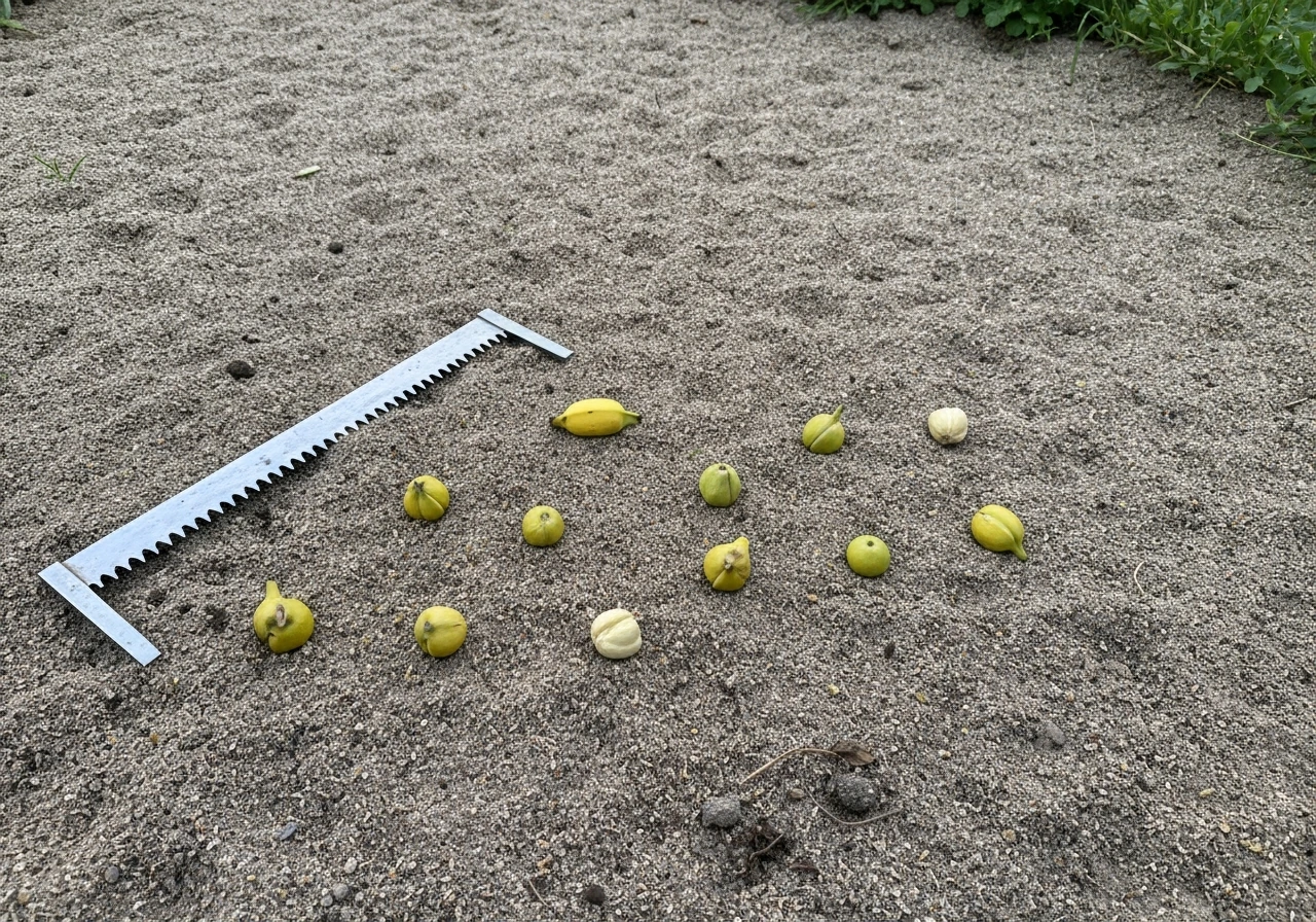 Pelouse clairsemée dans le jardin, adventices arrachées au sol à côté d’un râteau.