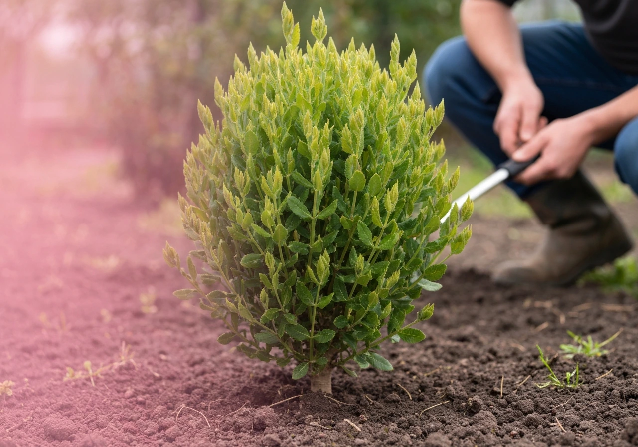 Jeune pelouse régénérée avec brins verts, tondeuse floue derrière et arrosage en arrière-plan.